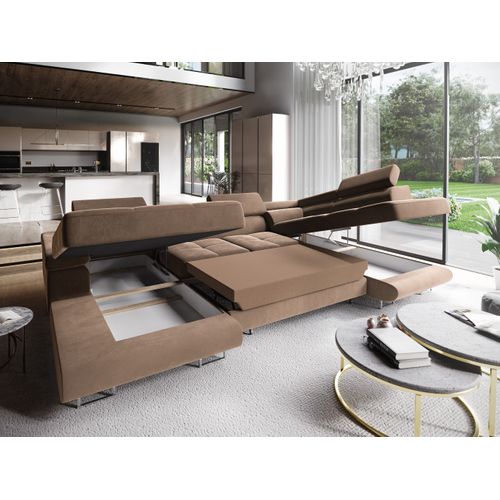 Canapé D'angle Casone Beige En Velours Avec Fonction De Couchage