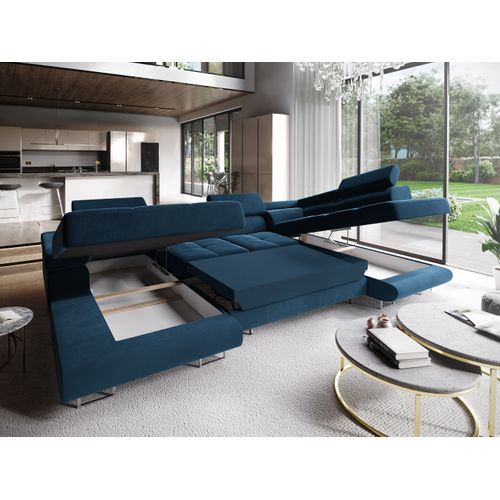 Canapé D'angle Casone Bleu En Velours Avec Fonction De Couchage