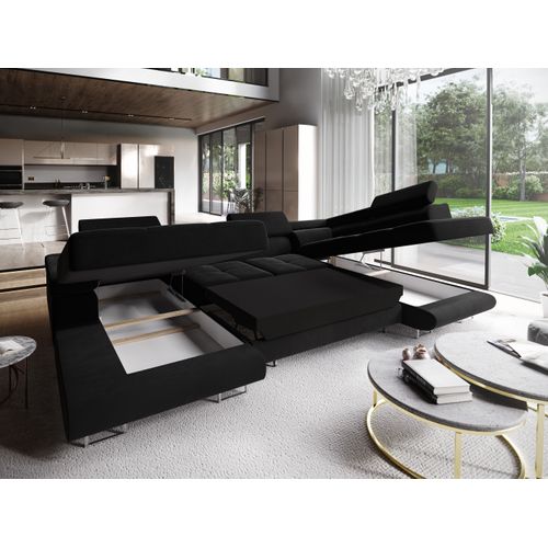 Canapé D'angle Casone Noir En Velours Avec Fonction De Couchage