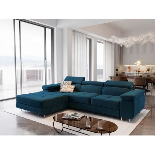 Canapé D'angle Elma Bleu En Velours Avec Fonction De Couchage