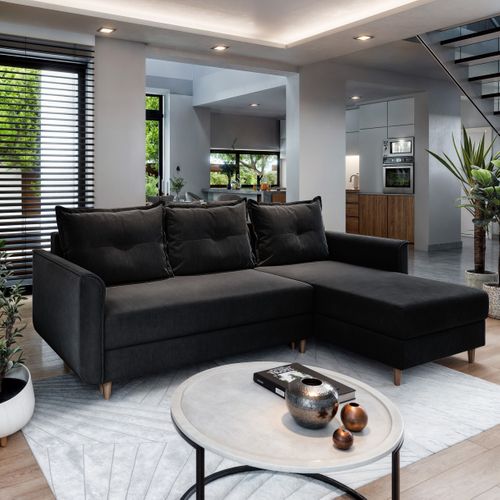 Canapé D'angle Pisan Noir En Peluche Avec Fonction De Couchage