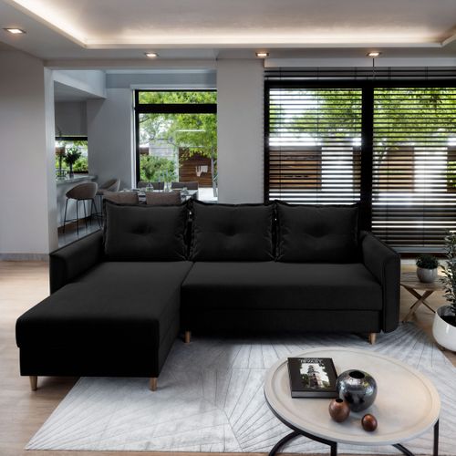 Canapé D'angle Pisan Noir En Peluche Avec Fonction De Couchage