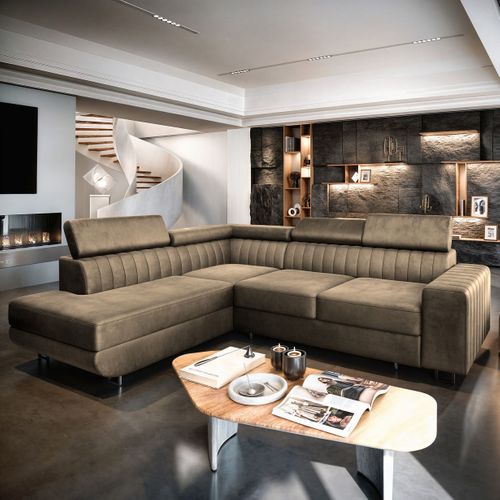 Canapé D'angle Nola Beige En Velours Avec Fonction De Couchage