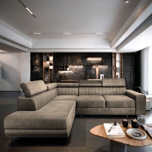 Canapé D'angle Nola Beige En Velours Avec Fonction De Couchage