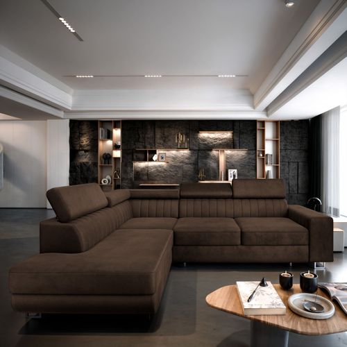 Canapé D'angle Nola Marron En Velours Avec Fonction De Couchage