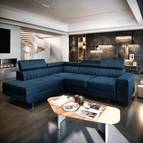 Canapé D'angle Nola Bleu En Velours Avec Fonction De Couchage