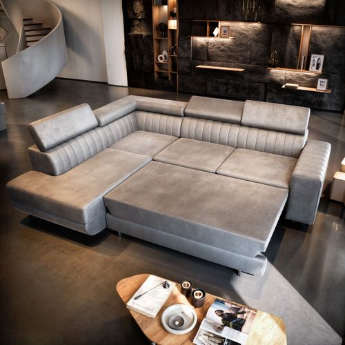 Canapé D'angle Nola Bleu En Velours Avec Fonction De Couchage