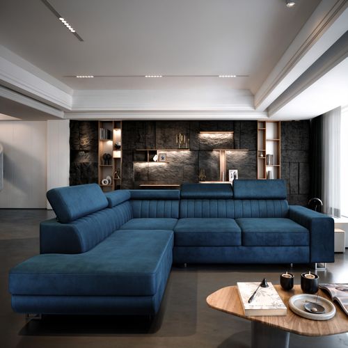 Canapé D'angle Nola Bleu En Velours Avec Fonction De Couchage