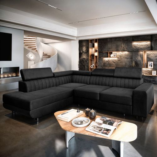 Canapé D'angle Nola Noir En Velours Avec Fonction De Couchage