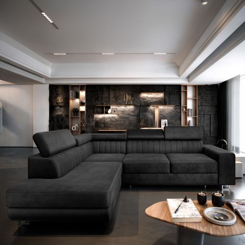 Canapé D'angle Nola Noir En Velours Avec Fonction De Couchage