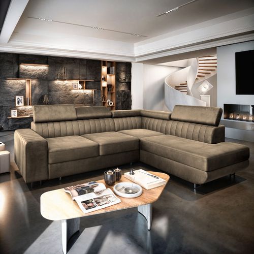 Canapé D'angle Nola Beige En Velours Avec Fonction De Couchage