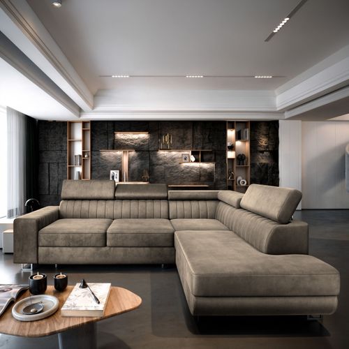 Canapé D'angle Nola Beige En Velours Avec Fonction De Couchage