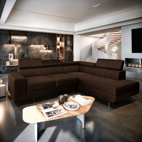 Canapé D'angle Nola Marron En Velours Avec Fonction De Couchage
