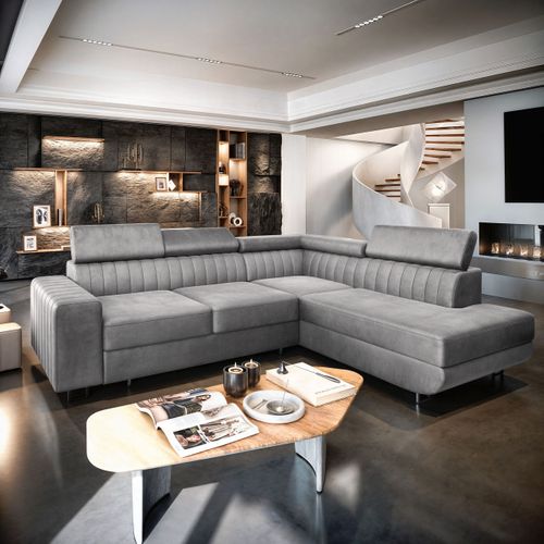 Canapé D'angle Nola Gris Clair En Velours Avec Fonction De Couchage