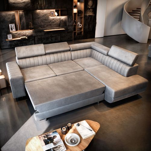 Canapé D'angle Nola Gris Clair En Velours Avec Fonction De Couchage