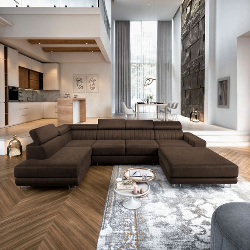 Canapé D'angle Siena Marron En Velours Avec Fonction De Couchage