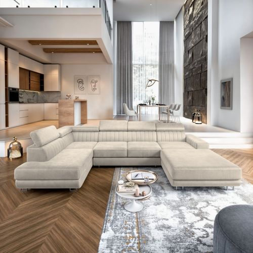 Canapé D'angle Siena Crème En Velours Avec Fonction De Couchage