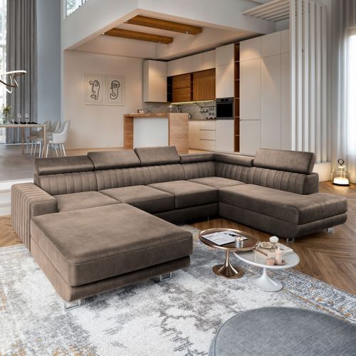 Canapé D'angle Siena Beige En Velours Avec Fonction De Couchage