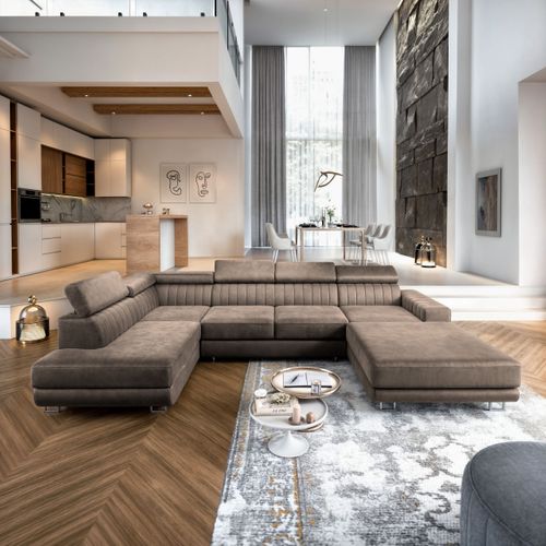 Canapé D'angle Siena Beige En Velours Avec Fonction De Couchage