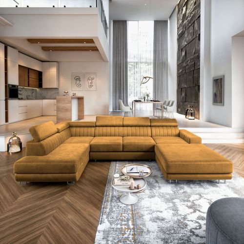 Canapé D'angle Siena Jaune En Velours Avec Fonction De Couchage