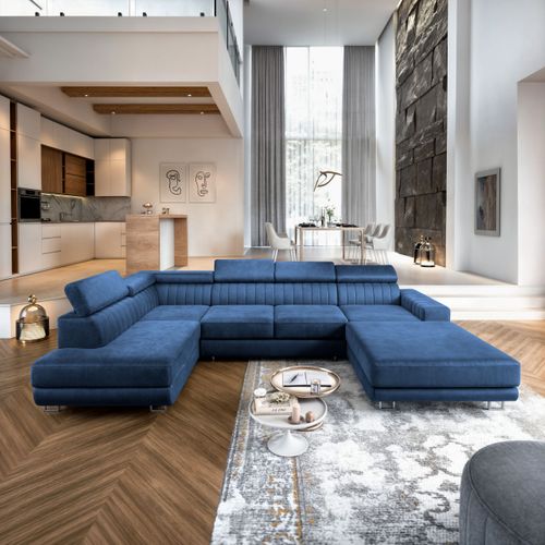 Canapé D'angle Siena Bleu En Velours Avec Fonction De Couchage