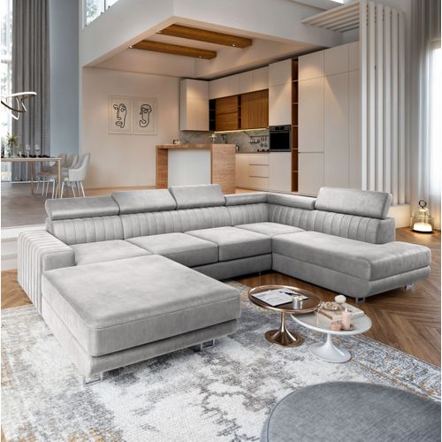 Canapé D'angle Siena Gris Clair En Velours Avec Fonction De Couchage