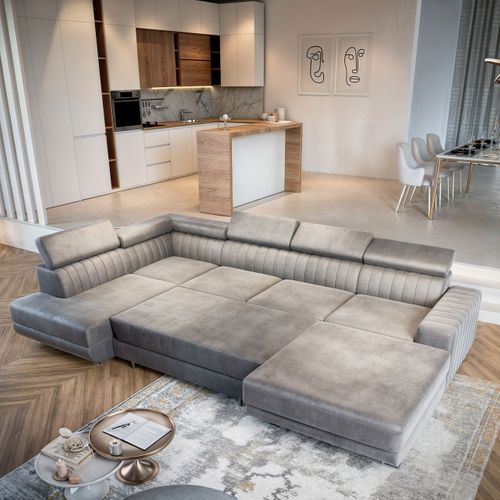 Canapé D'angle Siena Gris Clair En Velours Avec Fonction De Couchage