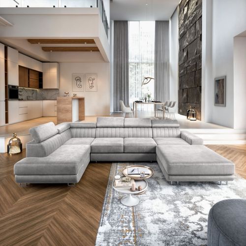 Canapé D'angle Siena Gris Clair En Velours Avec Fonction De Couchage