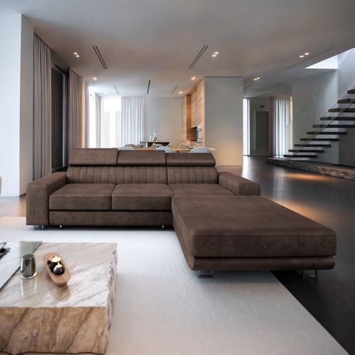 Canapé D'angle Noto Marron En Velours Avec Fonction De Couchage