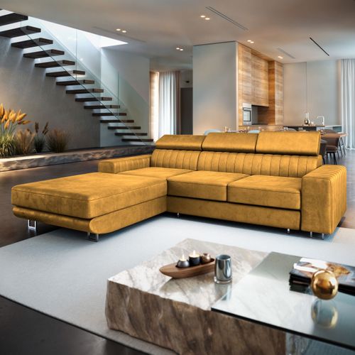 Canapé D'angle Noto Jaune En Velours Avec Fonction De Couchage