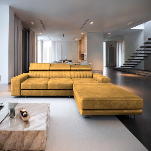 Canapé D'angle Noto Jaune En Velours Avec Fonction De Couchage