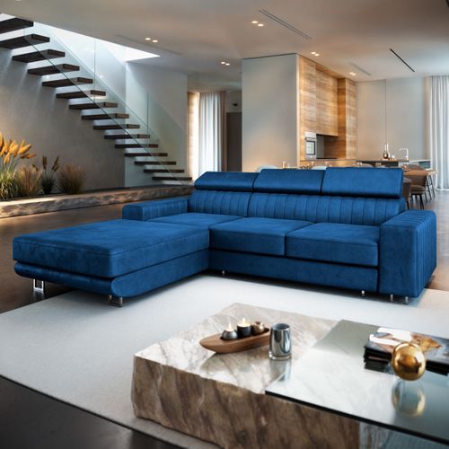 Canapé D'angle Noto Bleu En Velours Avec Fonction De Couchage