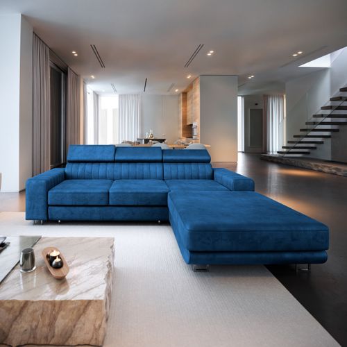 Canapé D'angle Noto Bleu En Velours Avec Fonction De Couchage