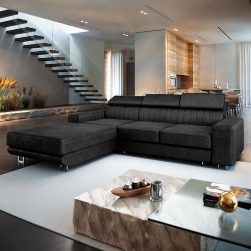 Canapé D'angle Noto Noir En Velours Avec Fonction De Couchage
