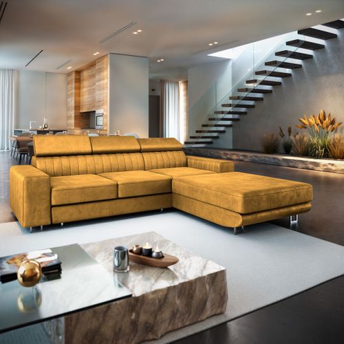 Canapé D'angle Noto Jaune En Velours Avec Fonction De Couchage