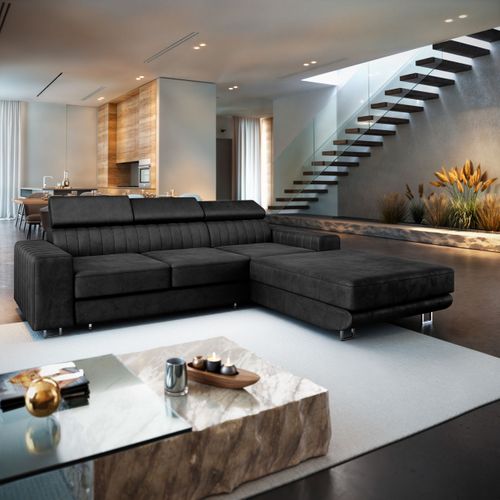 Canapé D'angle Noto Noir En Velours Avec Fonction De Couchage