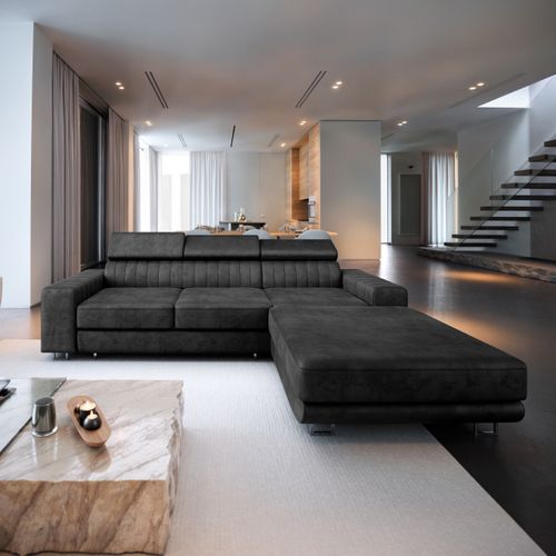 Canapé D'angle Noto Noir En Velours Avec Fonction De Couchage