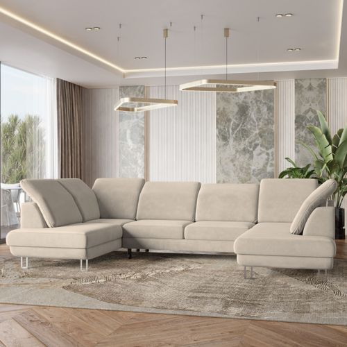 Canapé D'angle Teramo Crème En Velours Avec Fonction De Couchage