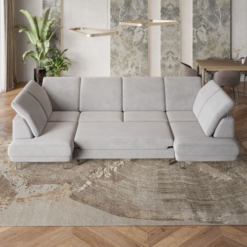 Canapé D'angle Teramo Crème En Velours Avec Fonction De Couchage