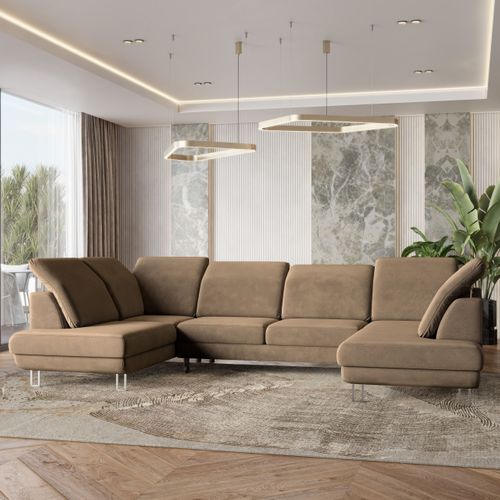 Canapé D'angle Teramo Beige En Velours Avec Fonction De Couchage