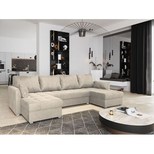 Canapé D'angle Nako Crème En Velours Avec Fonction De Couchage