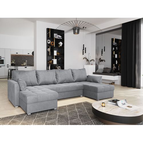 Canapé D'angle Nako Gris Clair En Velours Avec Fonction De Couchage