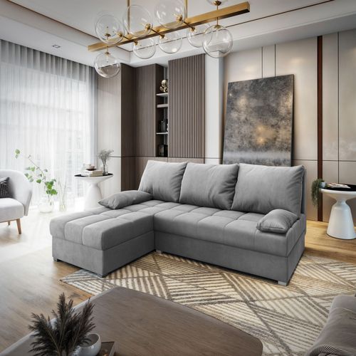 Canapé D'angle Rita Gris Clair En Velours Avec Fonction De Couchage