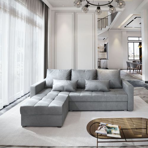 Canapé D'angle Kos Gris Clair En Velours Avec Fonction De Couchage