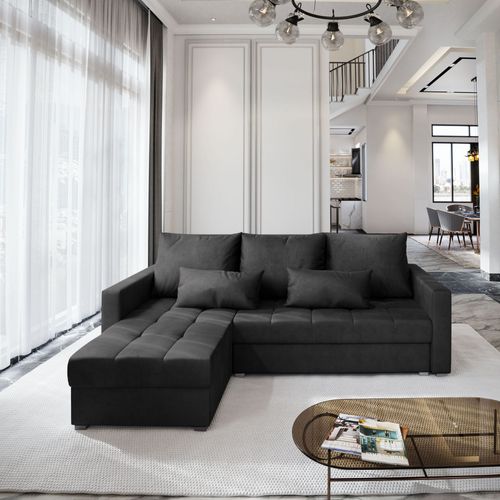 Canapé D'angle Kos Noir En Velours Avec Fonction De Couchage