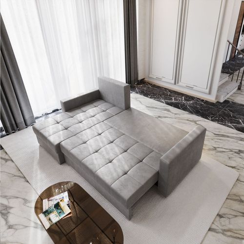 Canapé D'angle Kos Noir En Velours Avec Fonction De Couchage