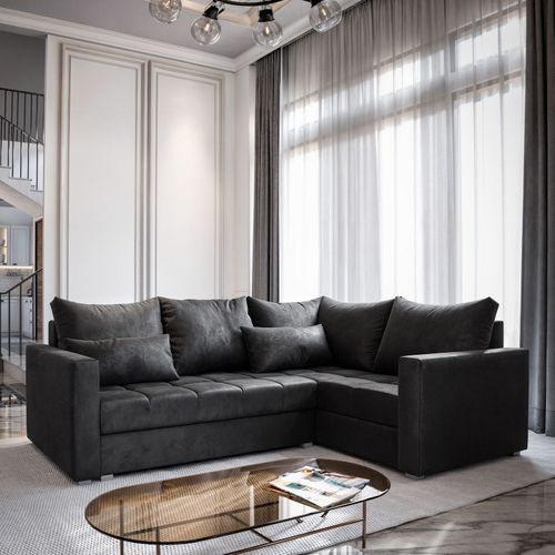 Canapé D'angle Lireno Noir En Peluche Avec Fonction De Couchage