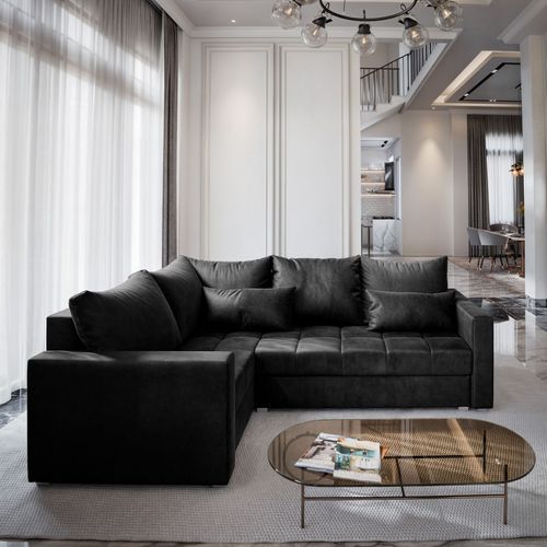 Canapé D'angle Lireno Noir En Peluche Avec Fonction De Couchage