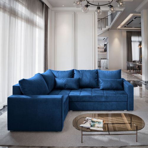 Canapé D'angle Lireno Bleu En Peluche Avec Fonction De Couchage