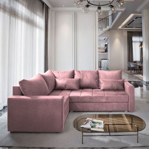 Canapé D'angle Lireno Rose En Peluche Avec Fonction De Couchage